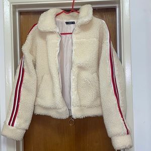 Off white stripe sleeve faux fur teddy